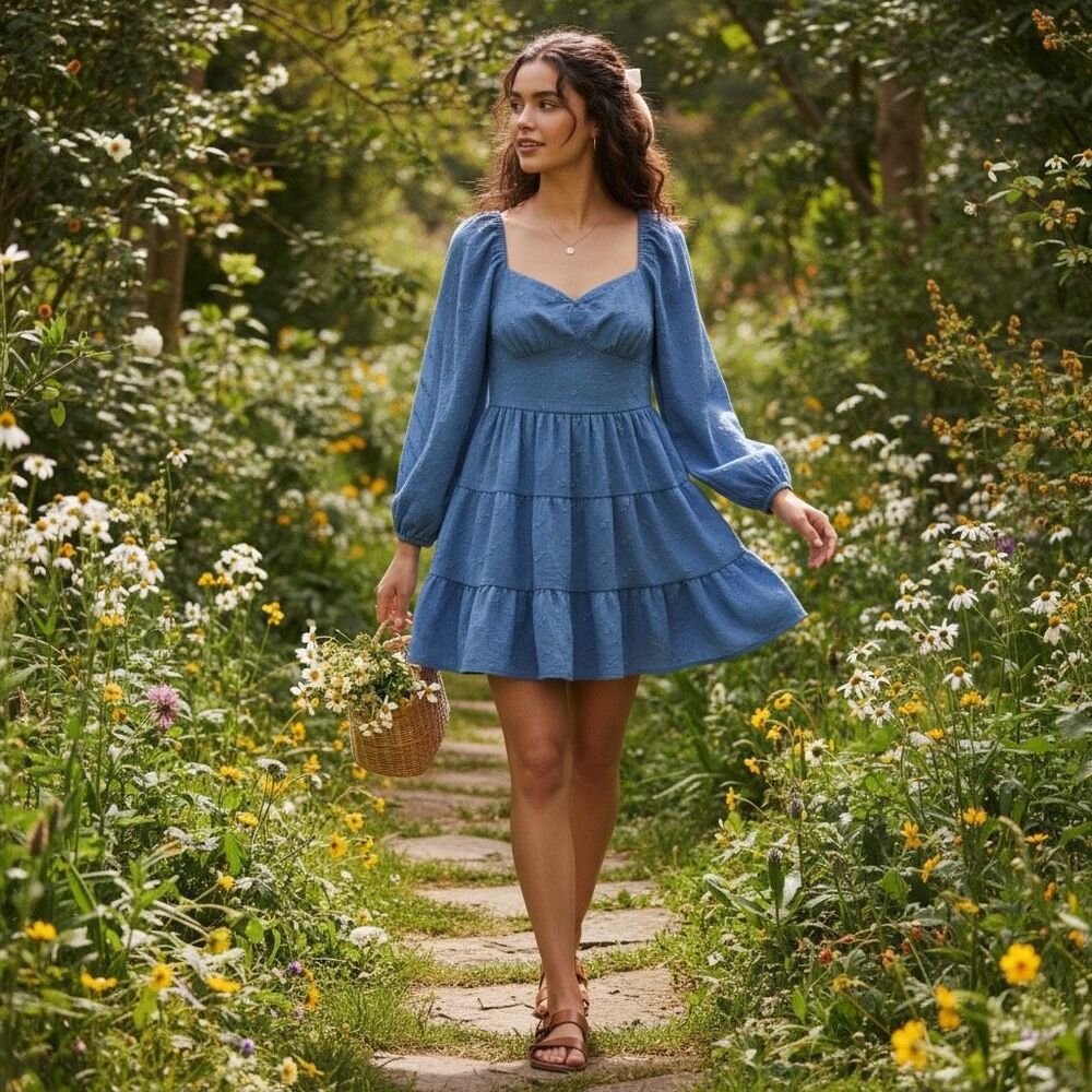 Altar’d State Blue Eyelet Tie Front Mini Dress Boho Long Sleeve Tiered XL